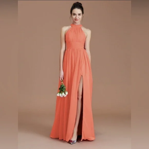 Hebeos A-Line/Princess Halter Sleeveless Ruched Floor-Length Chiffon Dresses - Picture 1 of 8